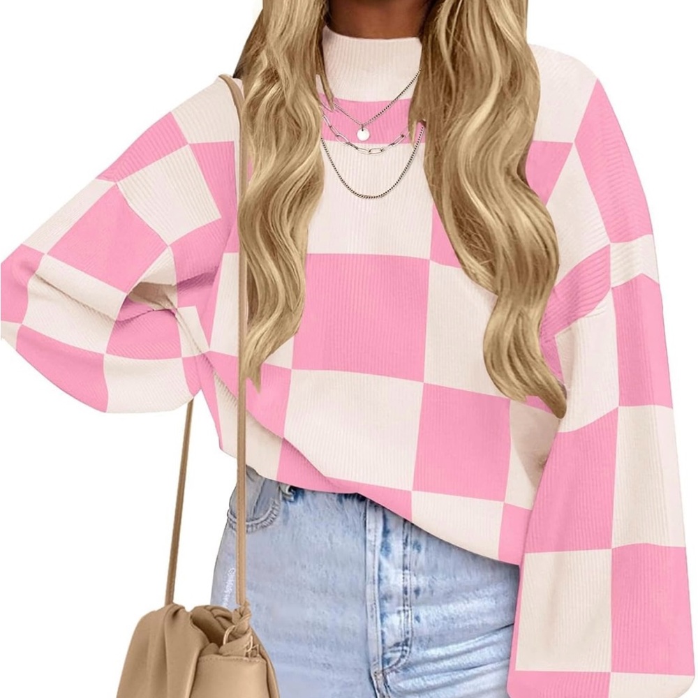 Pink and Cream Checkered Women's Sweater
